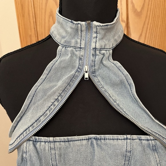 Denim Corset Crop Top Size Small w/Zipper Halter Neck Light-Wash - Picture 2 of 10